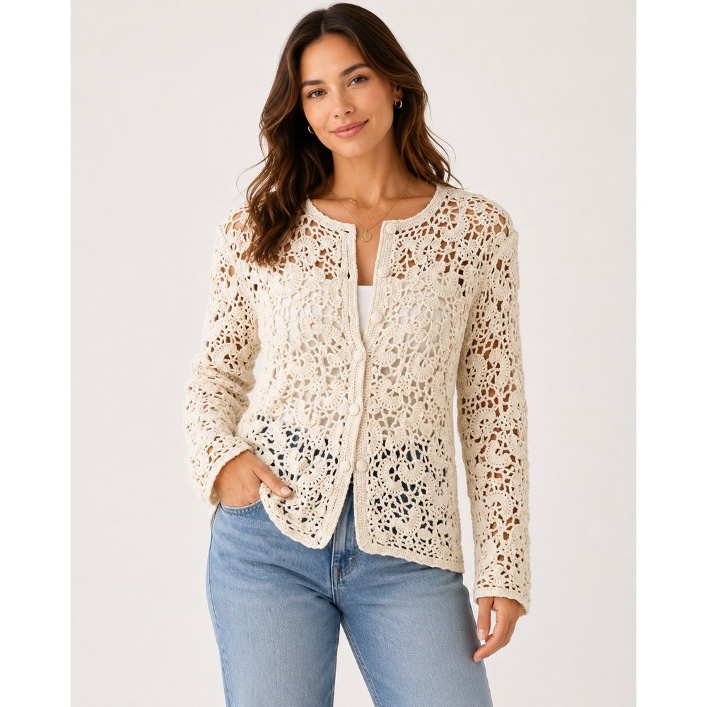 Express Vintage Handknitted Crochet Cardigan Cream White Ramie Cotton Womens M
